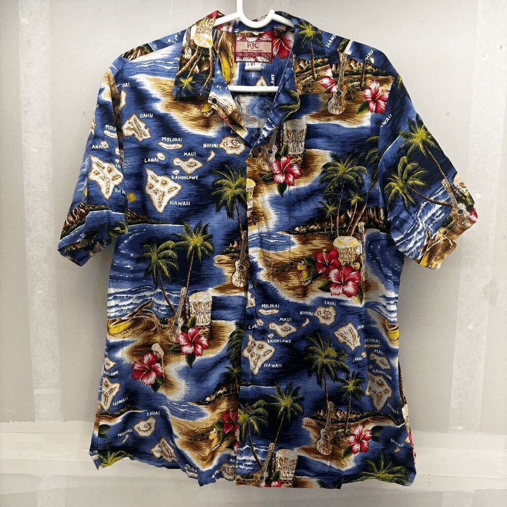 Vintage RJC Hawaiian Islands Ukulele Floral Palm Trees Made USA Shirt‎ Mens XL